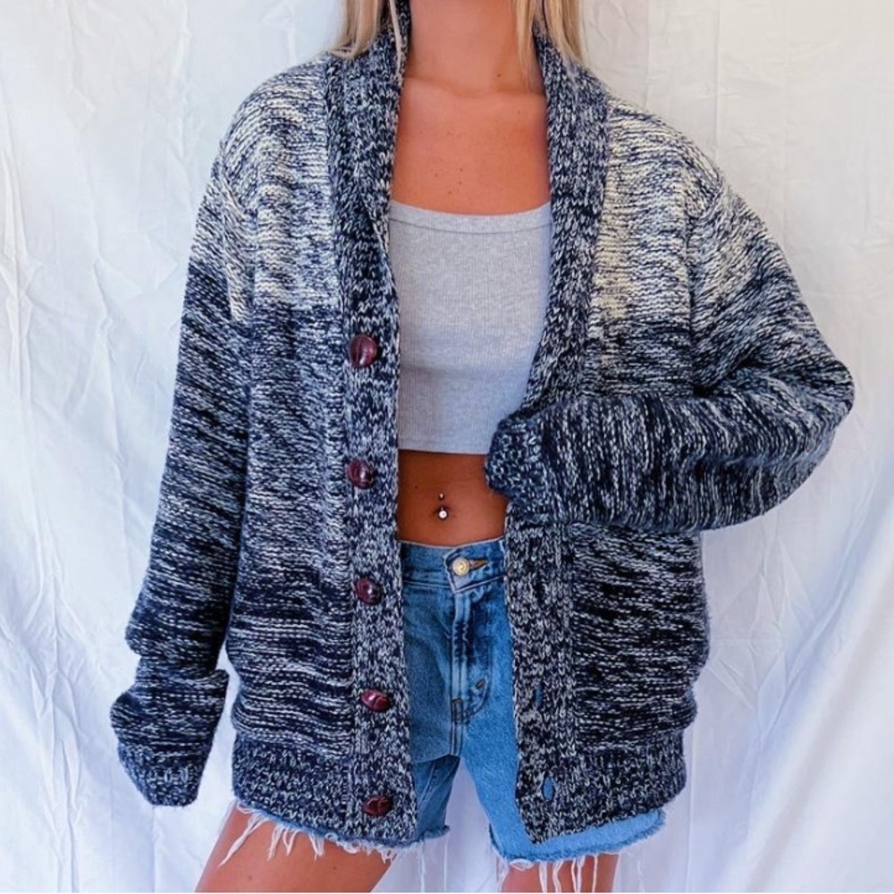 Vintage Original Weatherproof Women's Blue and Gray Sweater - Size L